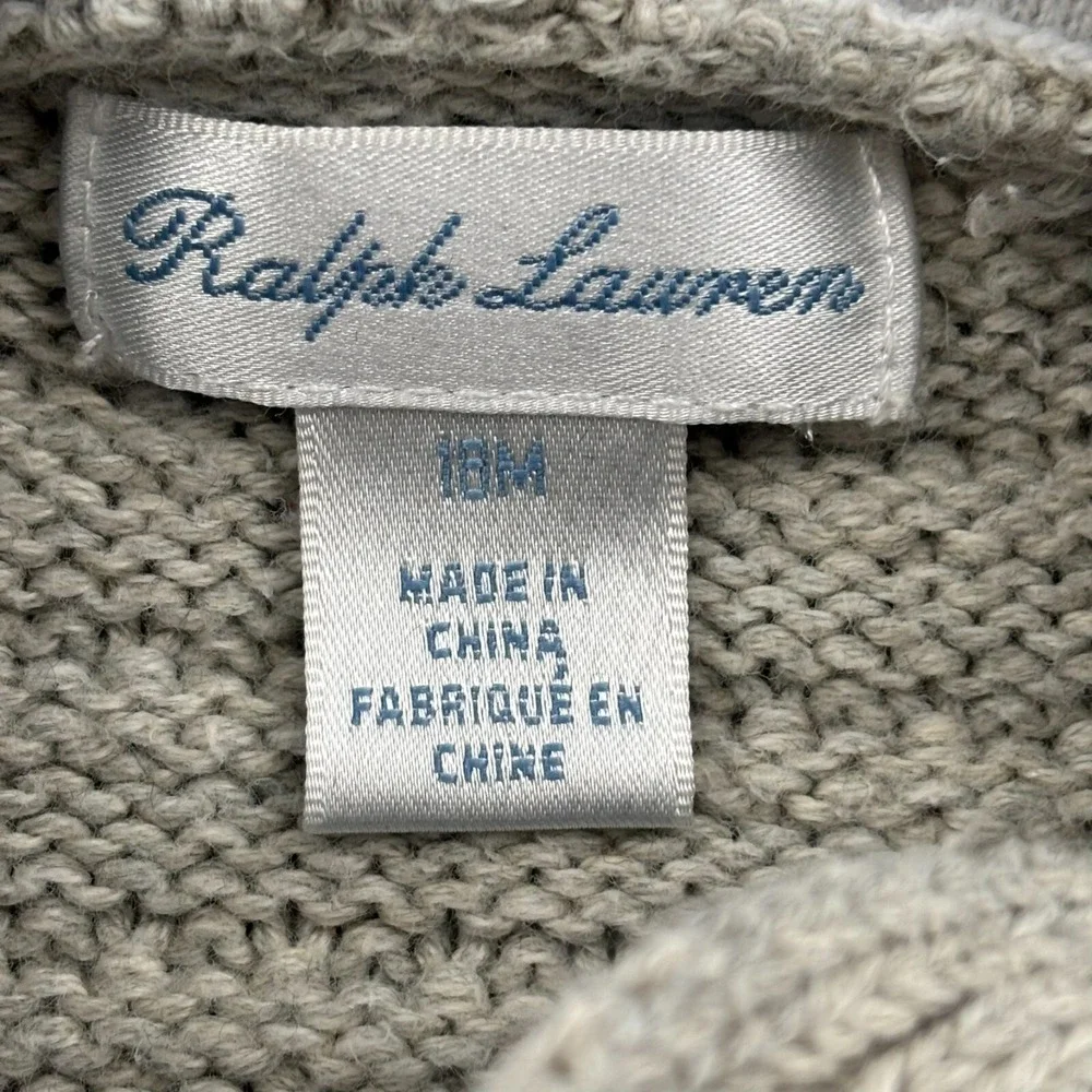 Ralph Lauren Bear Ear Hooded Cardigan Sweater Unisex 18M Baby‎ Gray Cotton Logo
